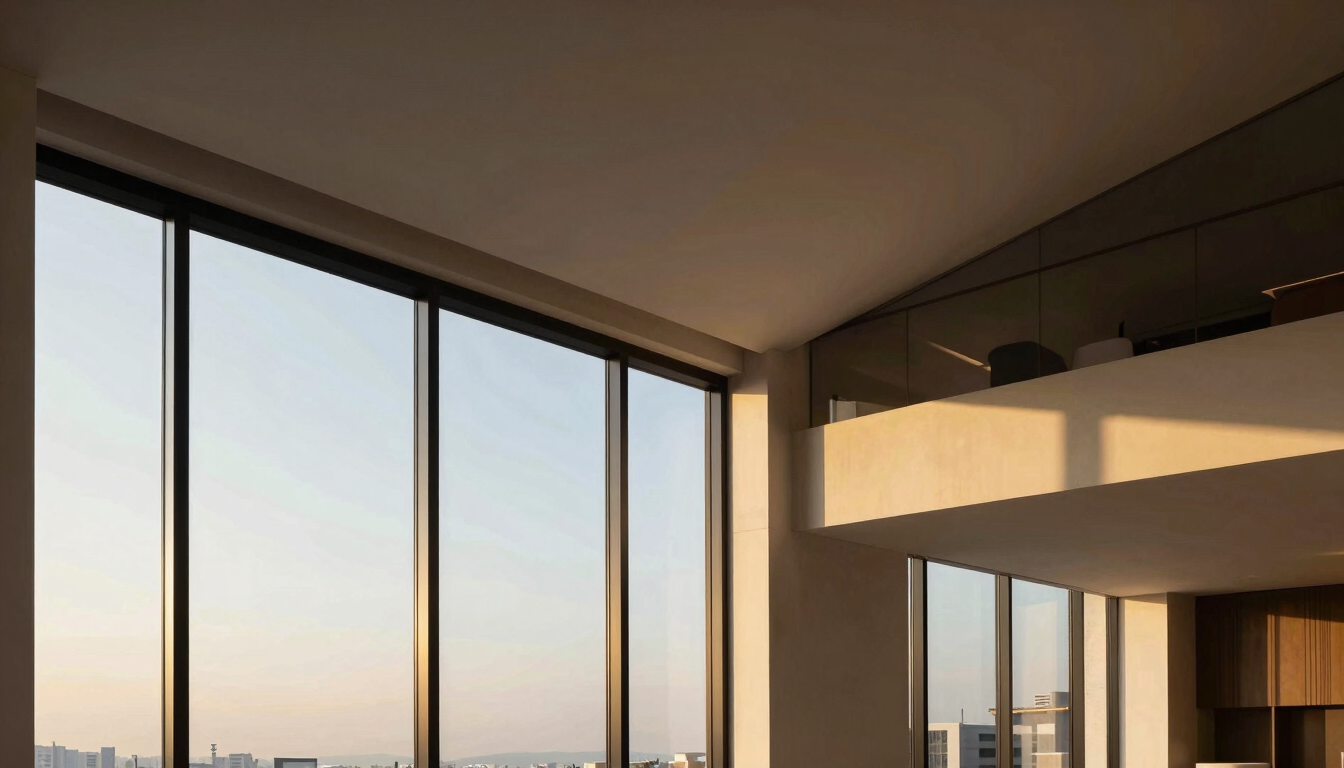 Elegant editorial photography of a modern luxury apartment interior in Usaquén, warm golden-hour sunlight streaming through floor-to-ceiling windows, highlighting clean architectural lines and rich textures, 35mm.