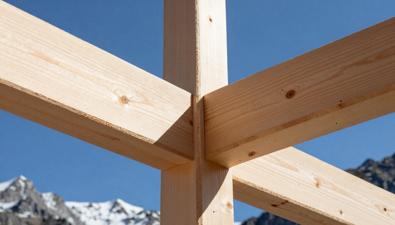 Extreme close-up of heavy timber joinery, raw framing wood grain, crisp mountain daylight, high contrast, sharp focus
