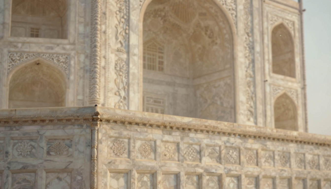 Close-up of intricate hand-carved floral patterns on white marble at the Taj Mahal, soft warm morning light, shallow depth of field.
