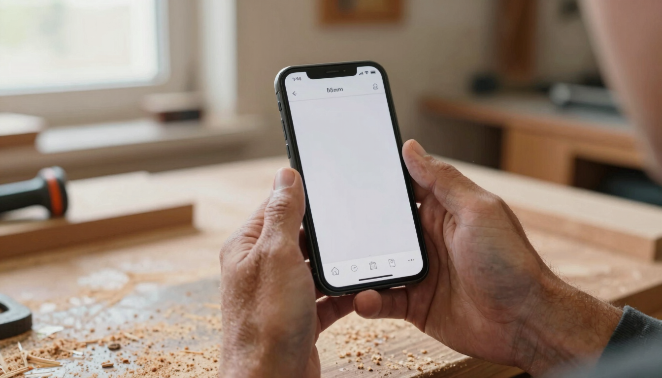 Close-up first-person perspective of strong, calloused hands holding a smartphone displaying a clean mobile app interface inside a woodworking workshop, sawdust on the workbench, soft natural window light, sharp focus on the screen.