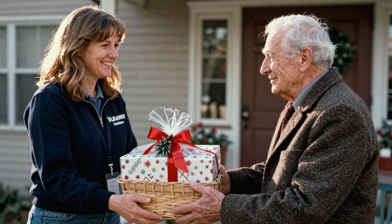 Candid medium shot of an auxiliary volunteer smiling as she hands a holiday gift basket to an elderly veteran, warm daylight, honest framing