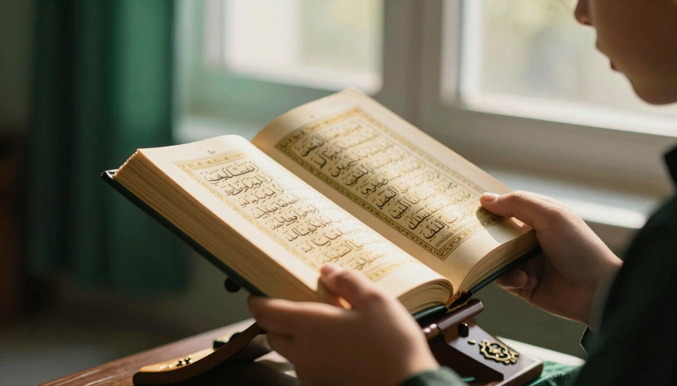 Close-up of a young student's hands gently holding an open Mushaf Al-Qur'an, soft morning window light illuminating the Arabic script, warm gold and deep emerald background, shallow depth of field, 35mm editorial photography