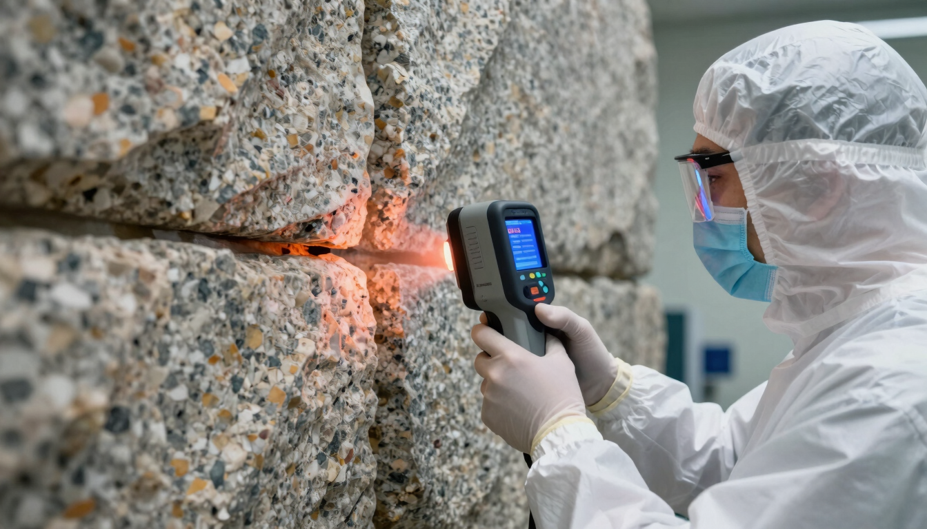 Bright clinical macro-photography of a technician in clean white unmarked gear using a thermal imaging device on an ancient granite wall seam, high-contrast lighting.