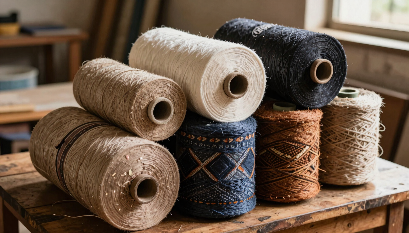 Close-up of raw textile rolls of Faso Dan Fani and Koko Dunda stacked neatly on a wooden table in the Ouagadougou workshop, warm natural light.