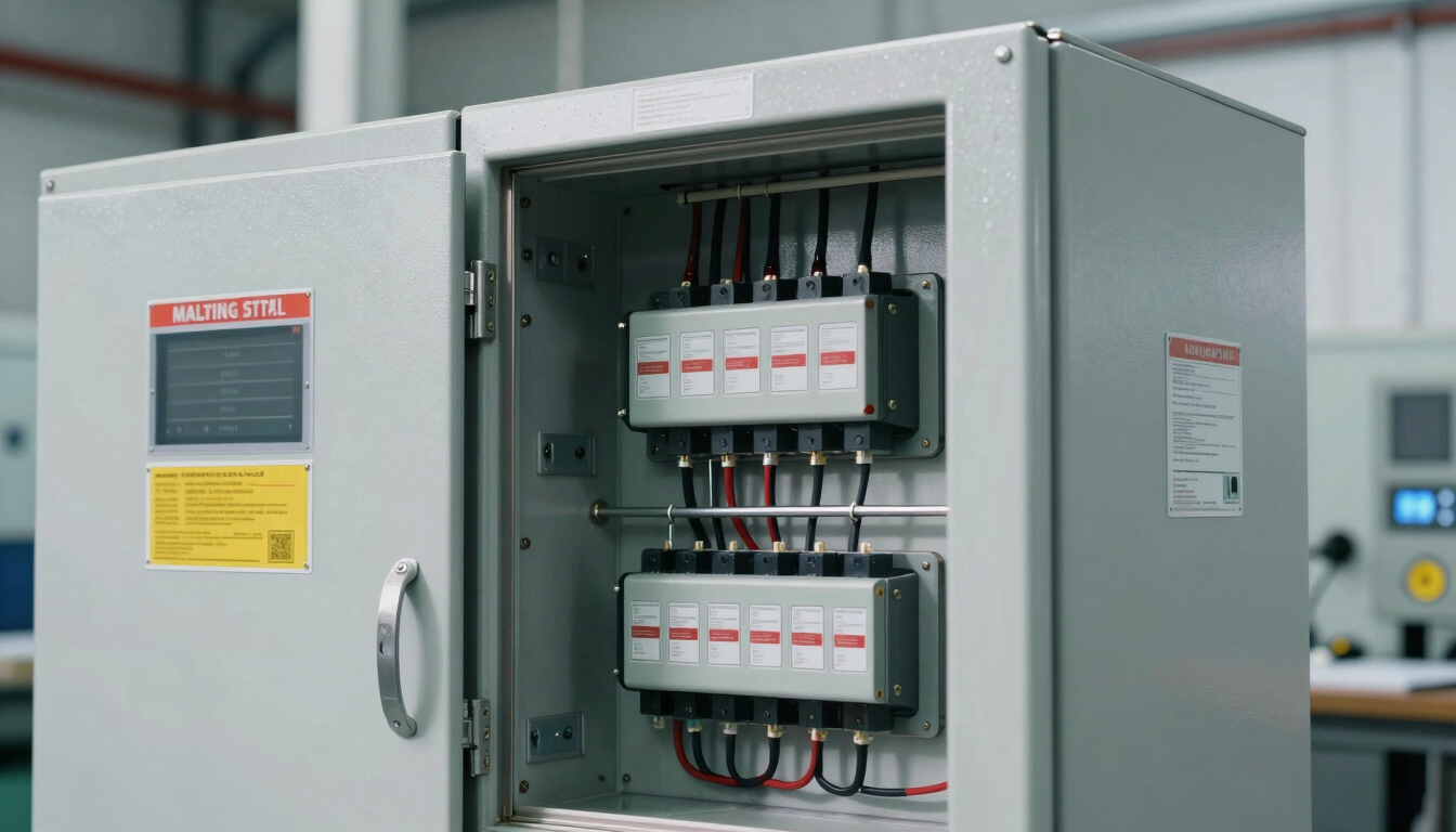 Close-up of industrial high-voltage control panel, complex wiring, safety labels, crisp daylight lighting, professional engineering environment