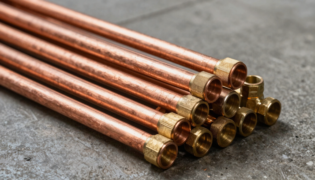 Close-up of industrial copper pipes and brass fittings stacked neatly on a dark concrete floor, sharp lighting, high-contrast industrial tones.