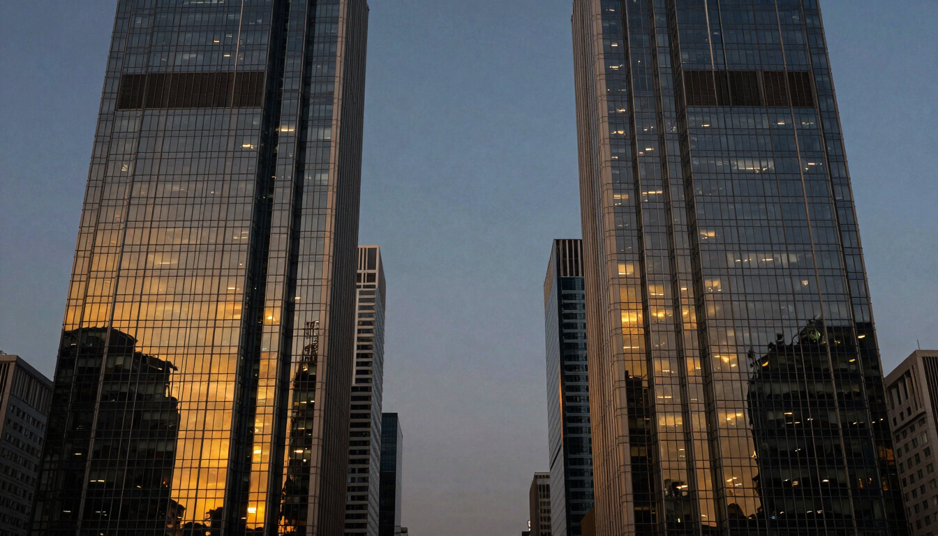 Symmetrical architectural perspective of a modern financial district glass skyscraper rising into a twilight sky, deep navy and rich gold reflections, corporate editorial photography, 35mm