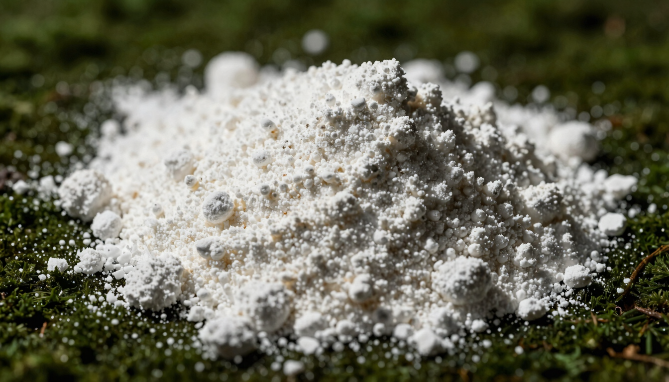Macro photographic study of pure creatine powder texture, sharp details, dramatic side-lighting with deep moss green shadows, high-contrast athletic aesthetic