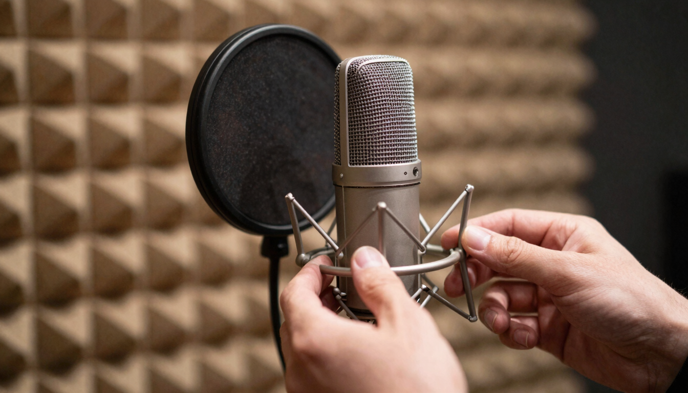 Close-up of hands adjusting a professional calibration microphone in front of a walnut acoustic diffusion panel, soft warm lighting, shallow depth of field.