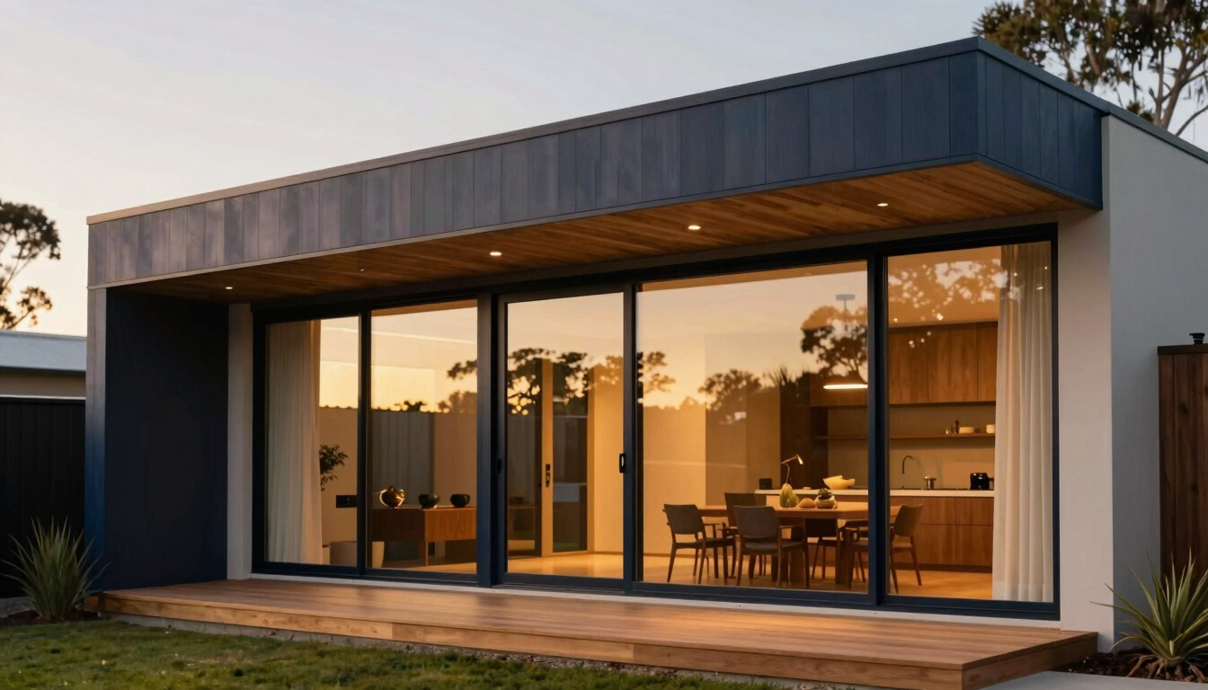 A warm modern Australian home exterior with large windows, glowing with interior golden-hour light, clean architectural lines.