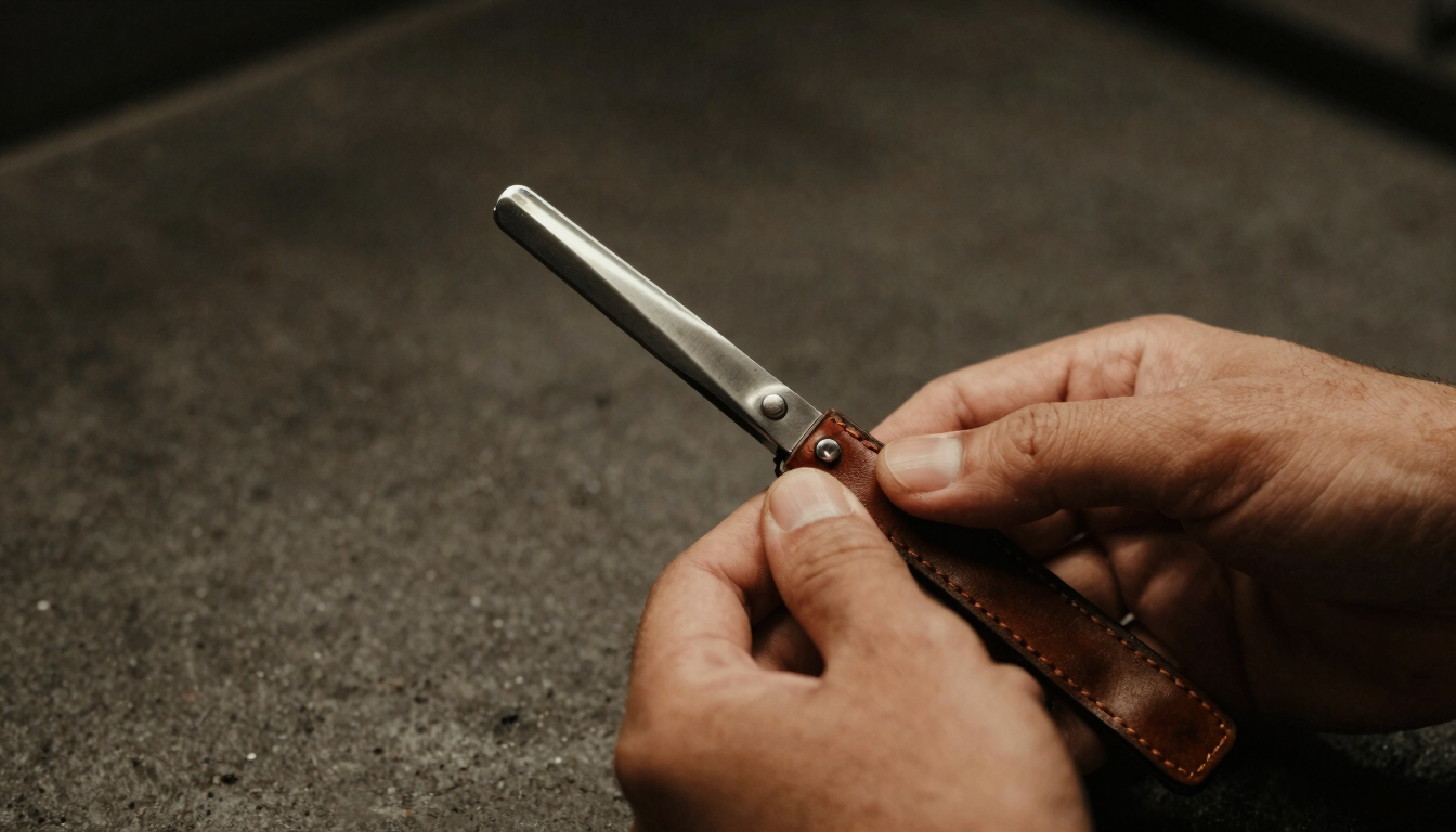 Close-up macro shot of a barber's hands holding a sharp steel razor next to a leather strap, warm side lighting, dark concrete background, rich textures, shallow depth of field.