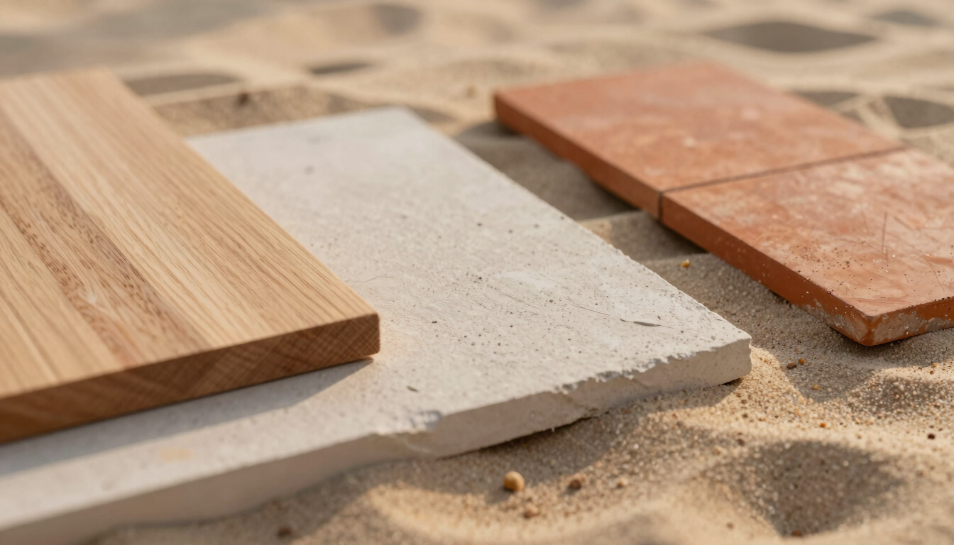 A detailed close-up of tactile architectural materials, wood grain, raw plaster, and terracotta tiles on a soft sand background, warm morning daylight, 35mm lens.