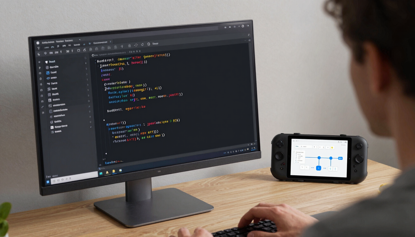 An over-the-shoulder perspective of a developer analyzing a clean Kotlin code IDE on a vertical monitor next to an Android test device showing a user flow diagram, cool studio lighting