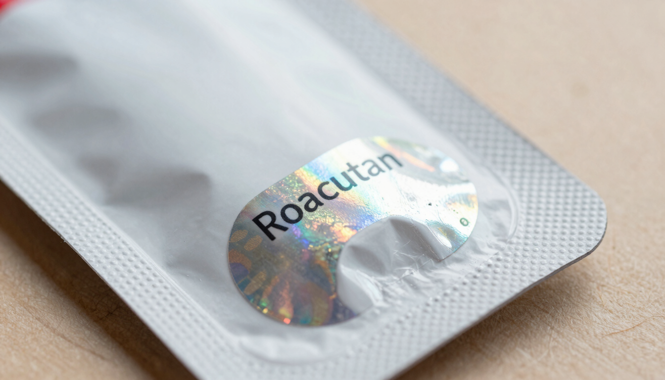 Macro close-up of authentic Roacutan packaging with a holographic security seal, clean clinical daylight, sharp focus on texture