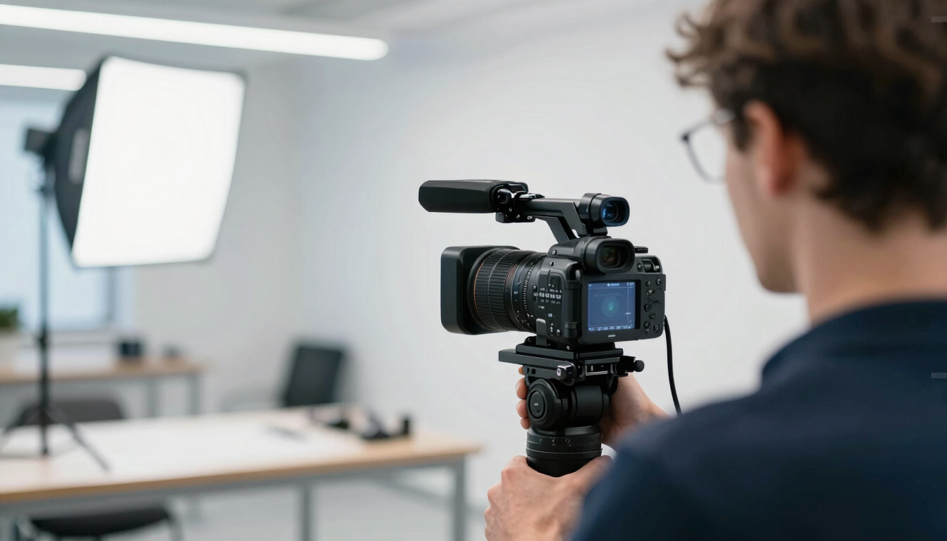Over-the-shoulder shot of a professional camera filming a local craftsperson in a bright, modern workshop in Wagenfeld. Crisp natural daylight with subtle cool-toned studio backlights, shallow depth of field, B2B reliability.
