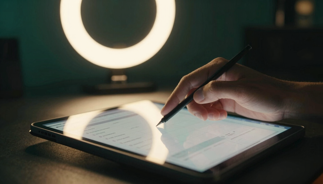 Close-up of a creator's hands planning a digital schedule on a high-end tablet, warm ring-light reflecting off the screen, moody studio background, 35mm