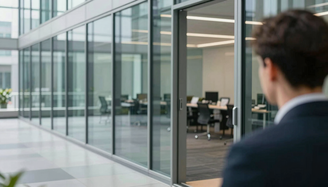 Wide architectural perspective of a modern glass office partition, clean lines, cool daylight reflecting on steel surfaces, over-the-shoulder view of a structured interview in progress, blurred background.
