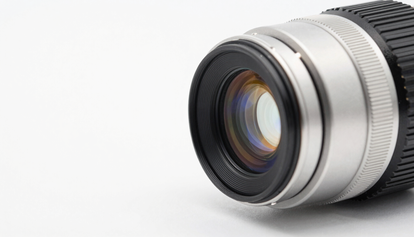 Macro shot of a high-precision optical lens catching light, clean white background with subtle blue and amber refractions, sharp focus, 50mm lens.
