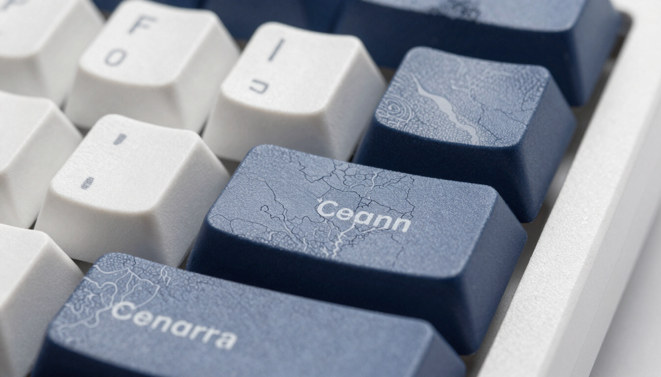 Macro shot of a mechanical keyboard under bright studio light, focusing on the enter key, with subtle geographic map lines projected across the slate-colored keys.