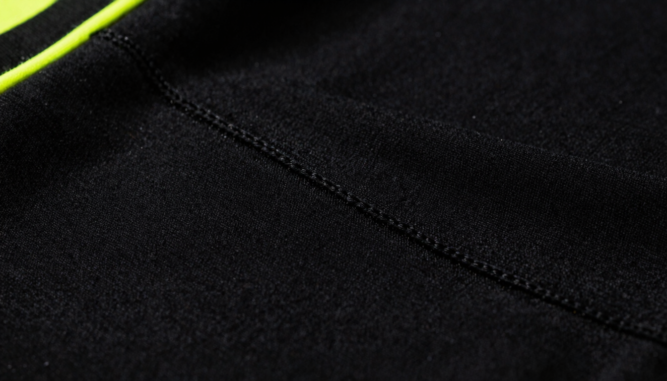 Close-up macro shot of heavy black cotton fabric texture, clean double stitching, dramatic high-contrast side lighting with a faint neon yellow rim light, 35mm.