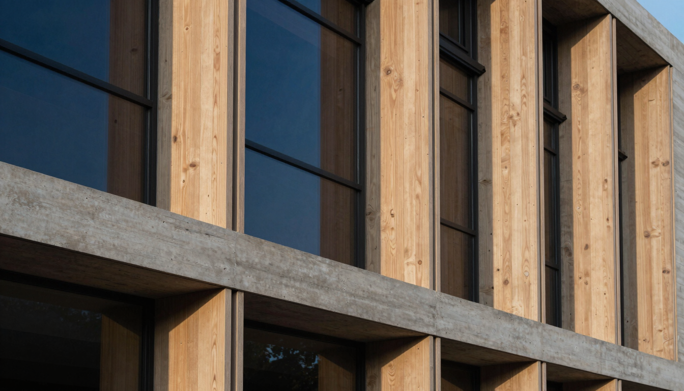 Detail shot of premium natural wood and concrete architecture, soft afternoon shadows, elegant editorial framing