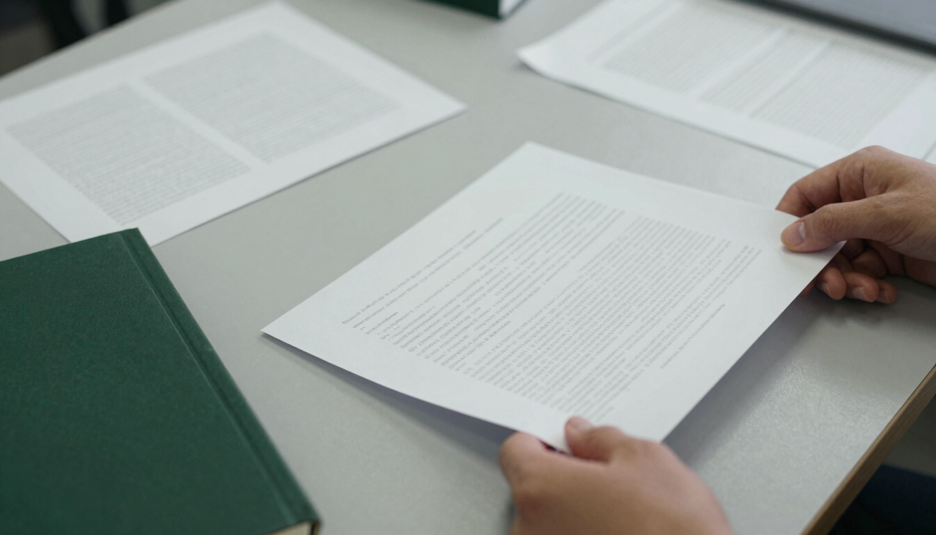 Close-up of hands organizing printed document drafts on a clean slate-gray desk, soft overcast daylight, sharp focus, 35mm