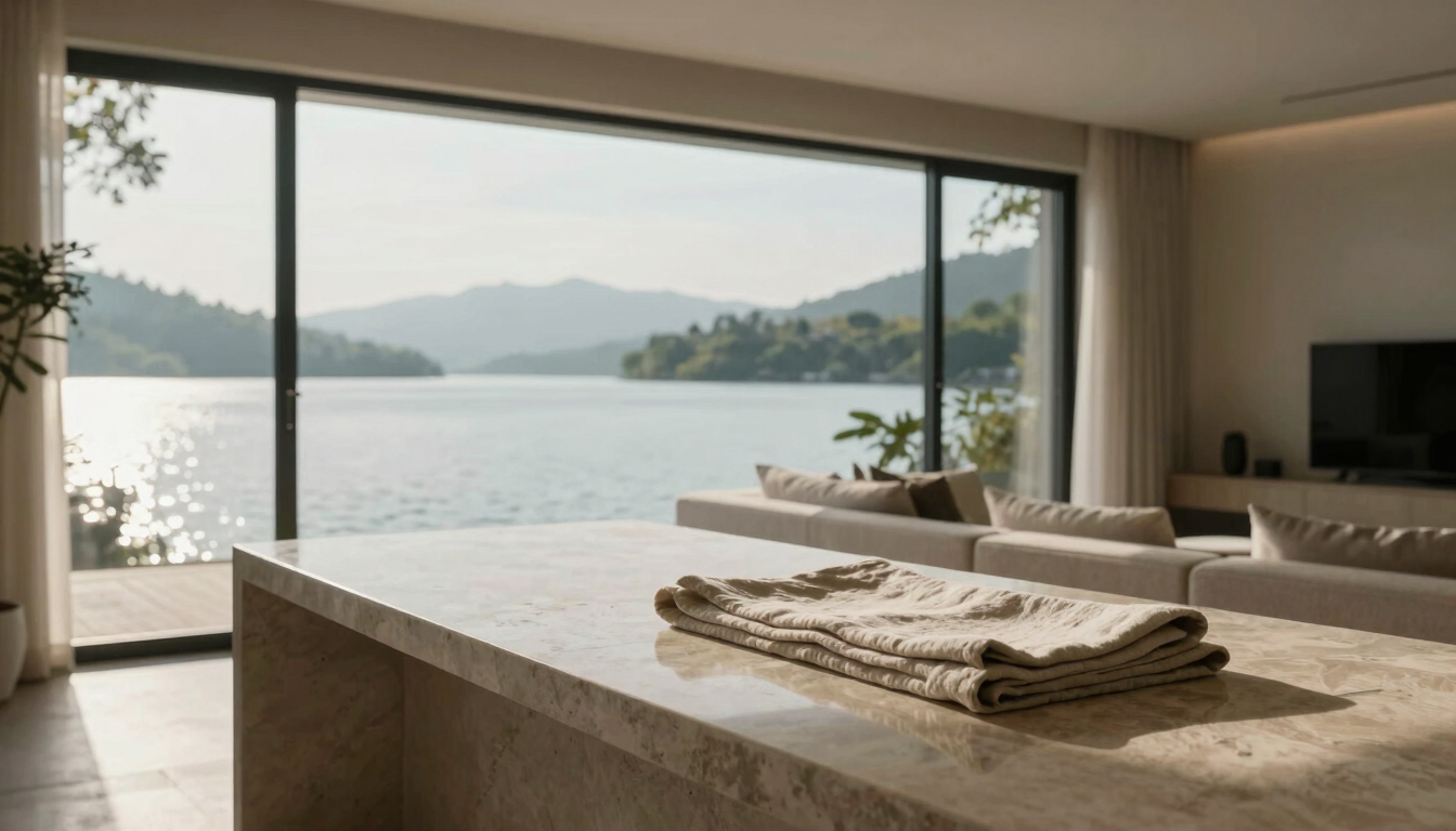 Architectural interior portrait of a sunlit, immaculate lakefront living room. Soft, diffused daylight illuminates polished stone countertops and a perfectly folded linen throw. Quiet, serene atmosphere.