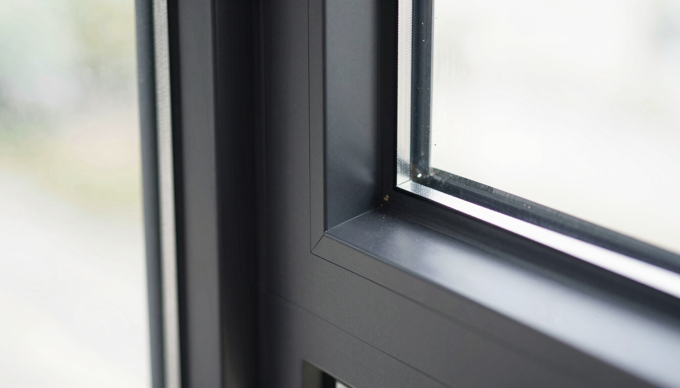 Close-up architectural photography of a black aluminum window frame corner joint, flawless seamless connection, clean lines, bright daylight highlighting the matte texture, sharp shadows, 35mm lens.