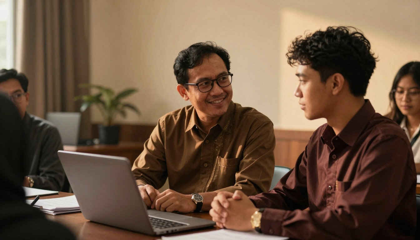 Warm indoor ambient light, an Indonesian Muslim mentor guiding a young professional during an agency workshop, professional and supportive atmosphere, 35mm
