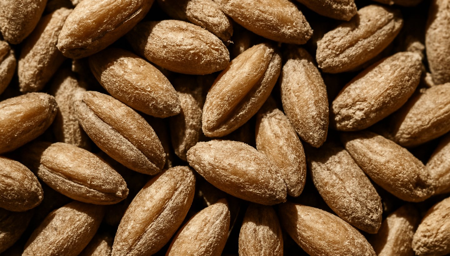 Extreme close-up macro shot of raw golden wheat grains under harsh high-contrast midday sun, emphasizing physical texture and dust, desaturated earth tones.