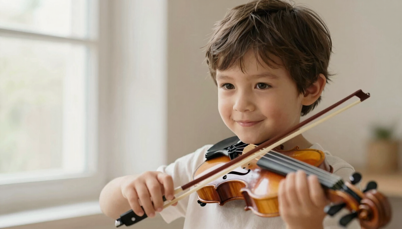 A young boy smiling while practicing a violin during a music lesson near a bright window.