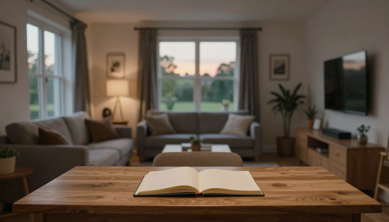 A wide environmental shot of a modern British living room at dusk, soft warm interior window light illuminating a wooden desk with an open notebook, natural and calm atmosphere, 35mm lens.