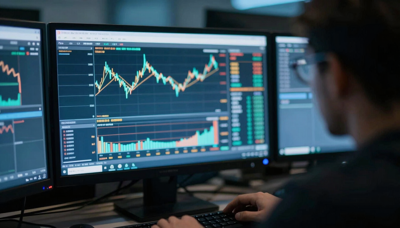 Over-the-shoulder shot of a focused trader analyzing a clean technical chart on a glowing terminal screen in low ambient light, cool blue tones, shallow depth of field, 35mm