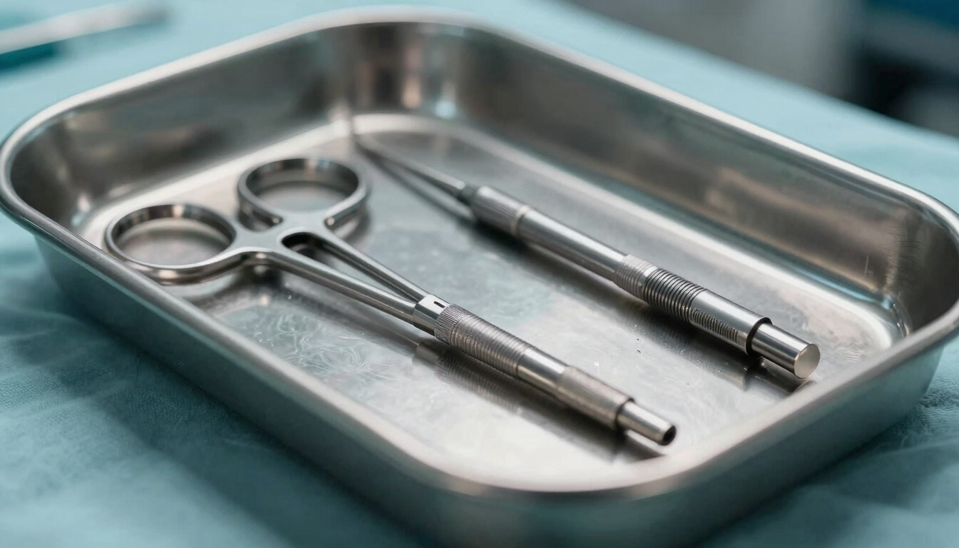 Macro shot of high-precision surgical steel surgical instruments resting on a sterile metal tray, cool-toned operating theater lighting, sharp focus on metallic edges.
