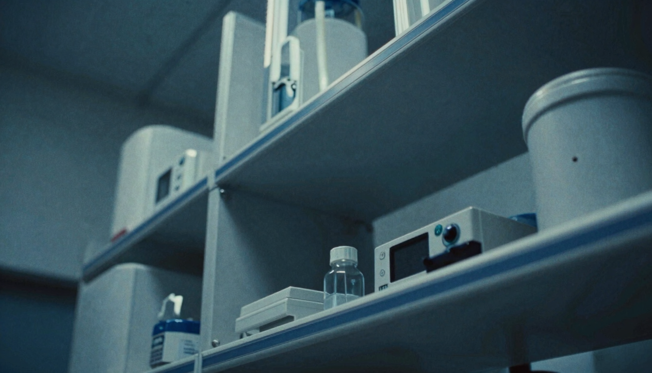 Dramatic close-up of sterile clinical equipment in a high-end laboratory, cool steel-blue tones, sharp architectural lines, 35mm film.