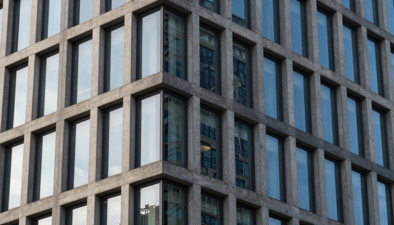 Structured concrete and glass corporate building facade, strong architectural lines, soft morning light, steel blue reflections, 35mm.