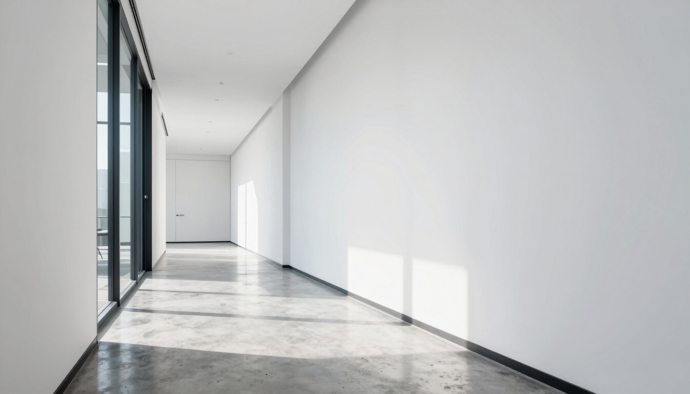 A beautifully lit, minimalist modern office corridor with polished concrete floors reflecting bright daylight, clean and serene, 35mm