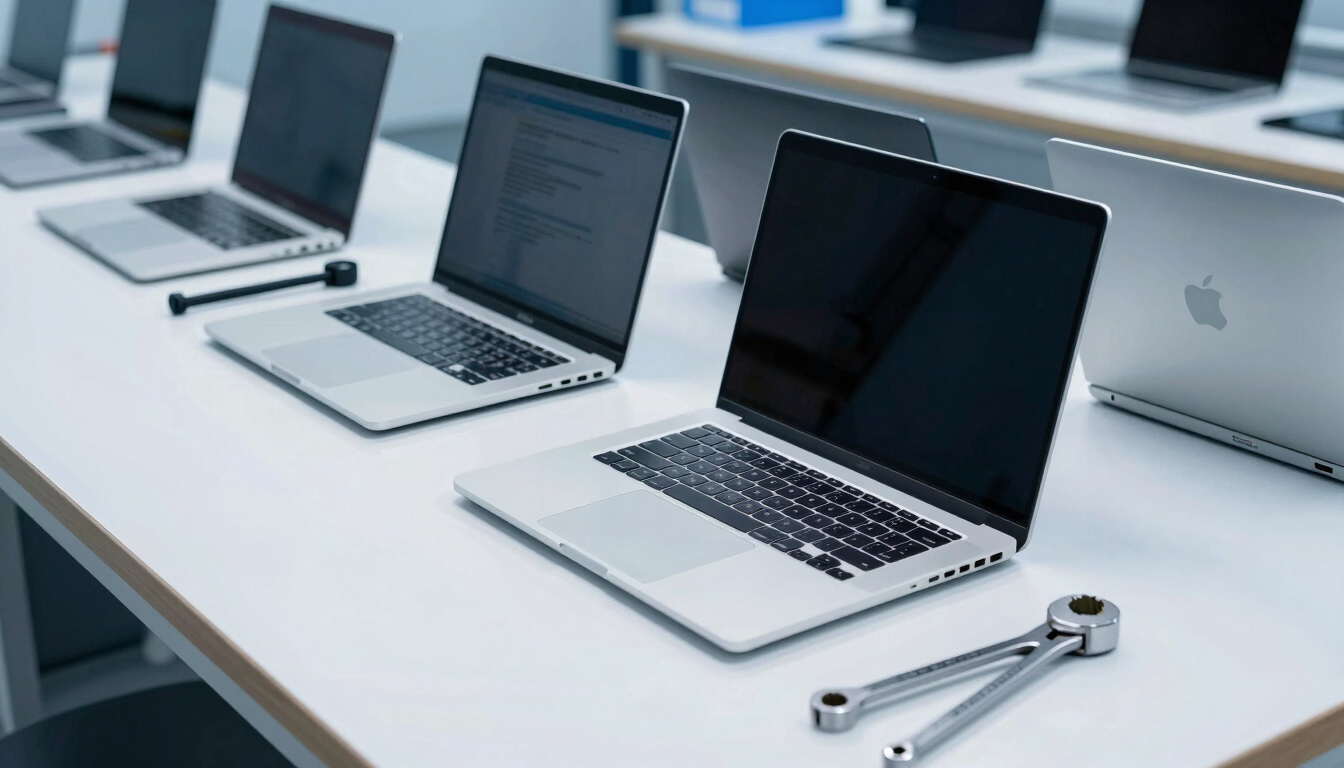 Neatly organized refurbished laptops and precision tools on a clean workshop bench, cool blue tones