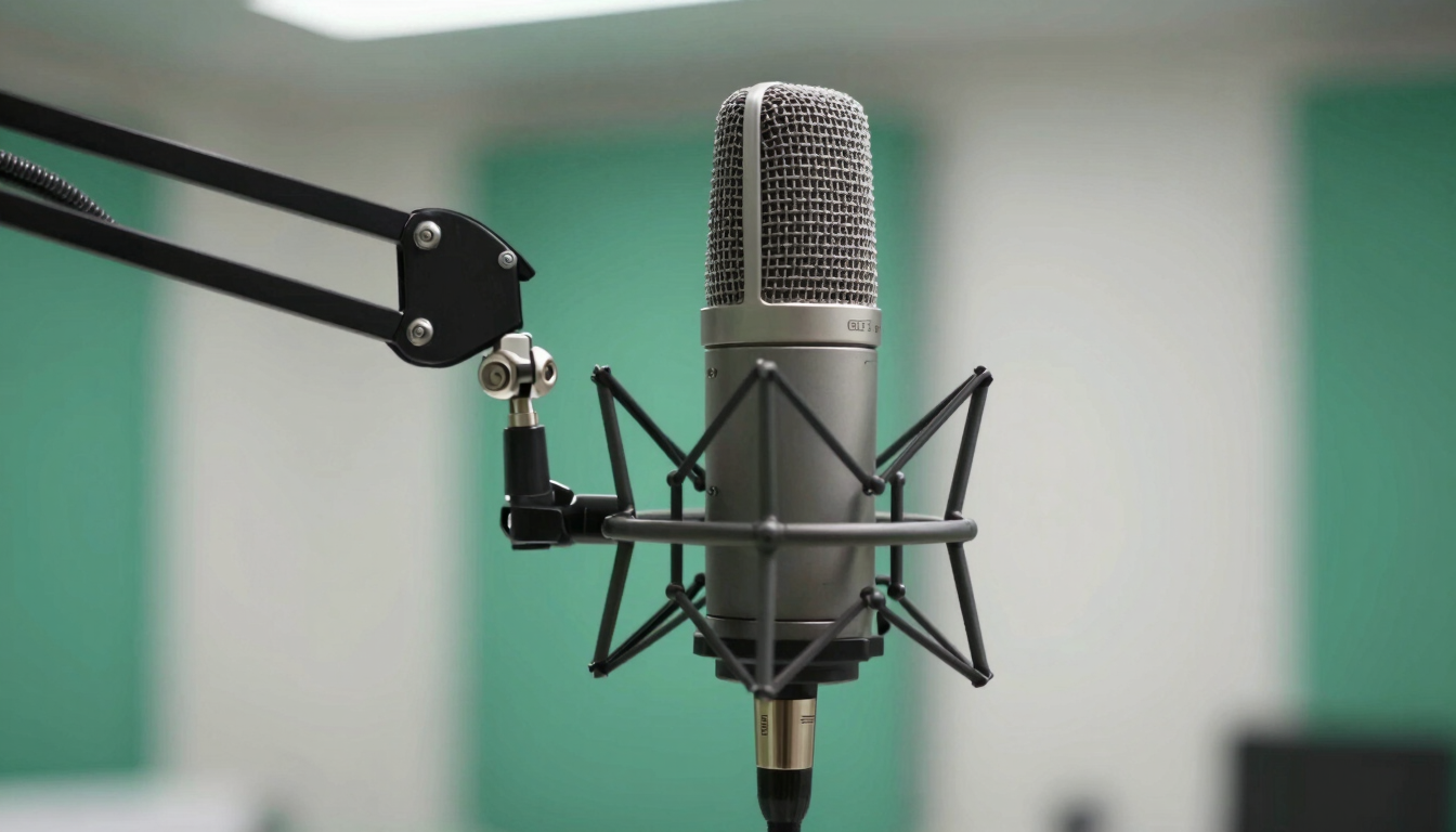 Macro shot of a professional studio microphone on a boom arm, crisp studio environment, clean surgical green accents in the background