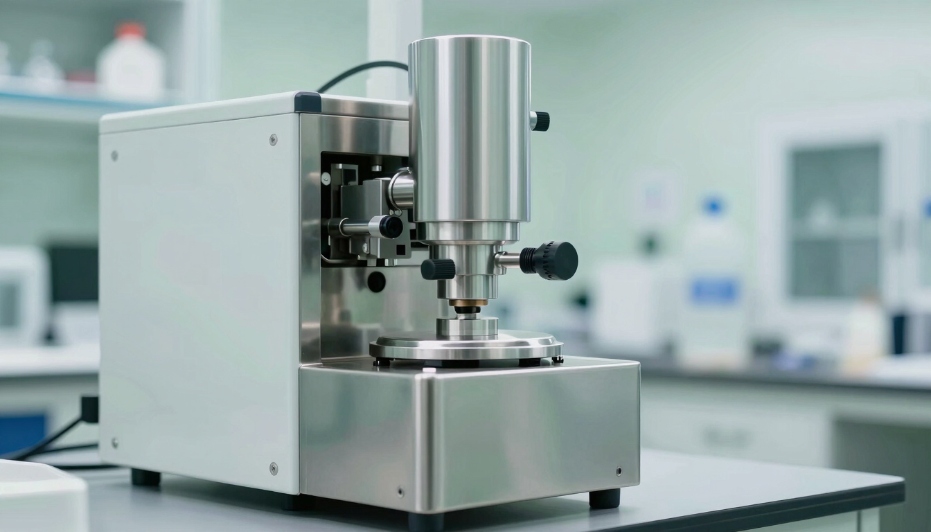 Stainless steel cosmetic manufacturing equipment in a clean-room laboratory, bright clinical daylight, soft green tones, professional setup, 35mm