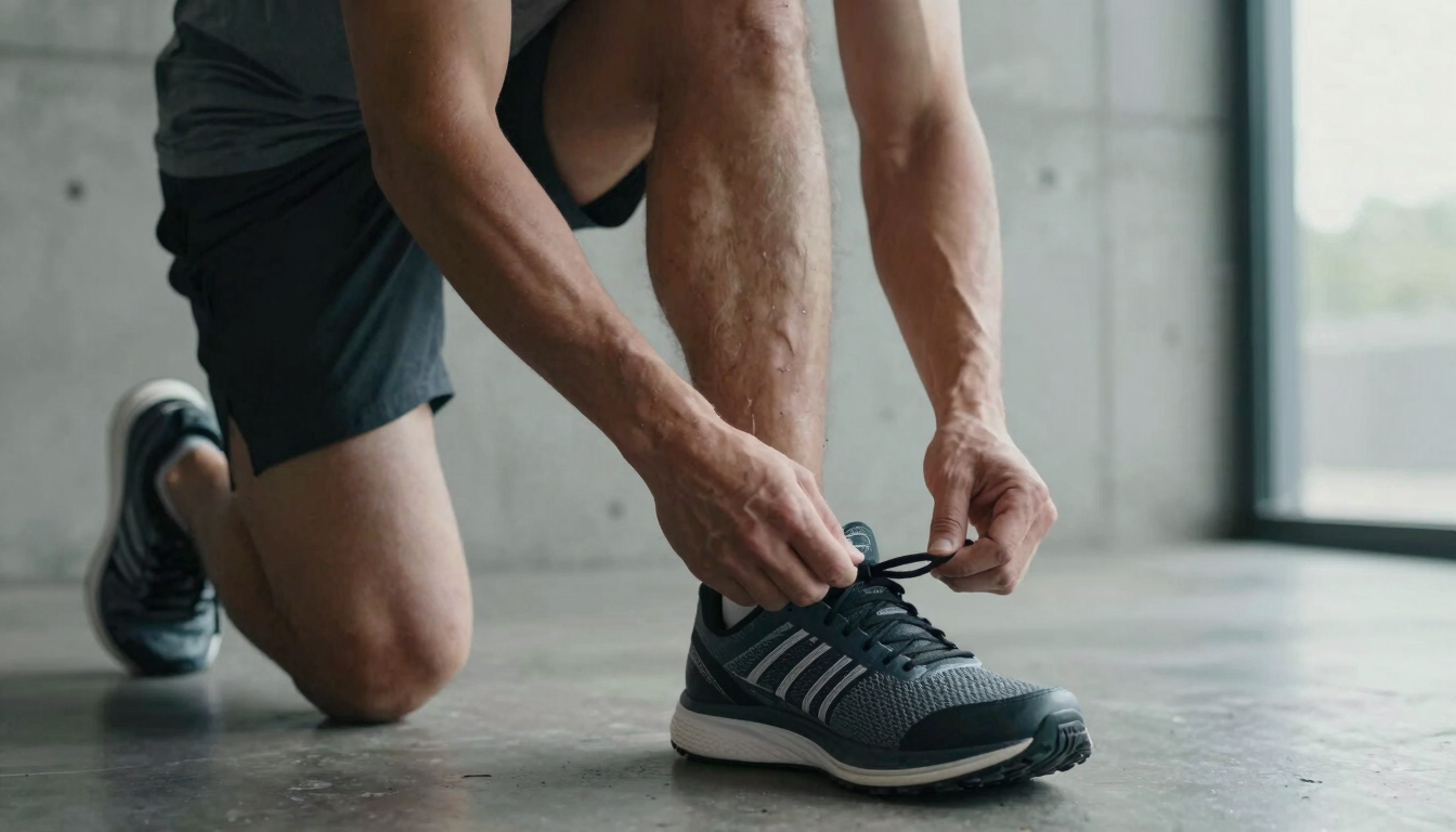 A close-up of a male athlete in modest dark activewear tying his running shoes in a modern, concrete gym, cool natural daylight