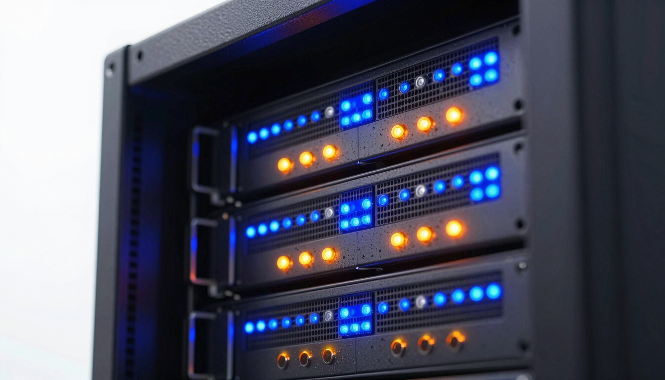 Macro close-up of server racks with glowing electric blue and vibrant orange indicator lights, structured architectural lines, sharp focus, high-key studio lighting.
