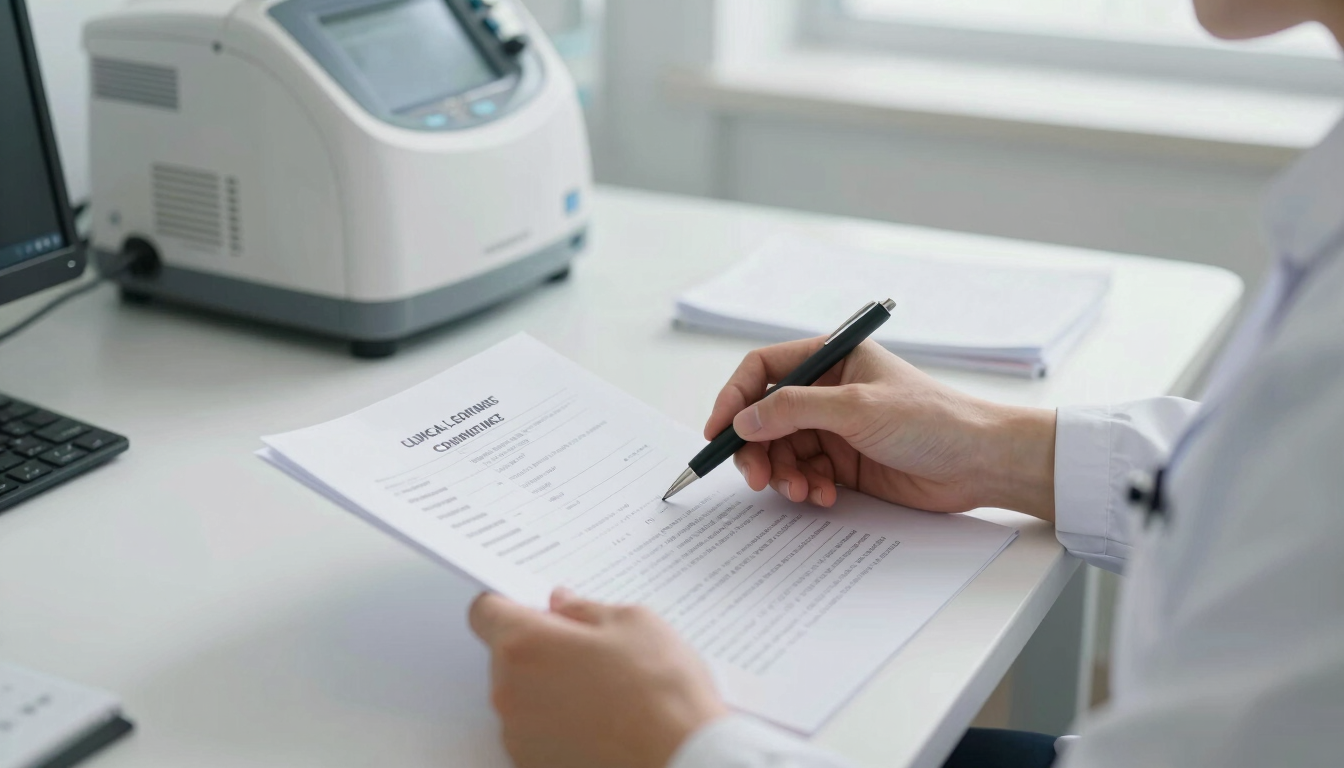 Technical specialist reviewing clinical compliance documents on a clean white desk, medical device visible in the background, bright clinical daylight.