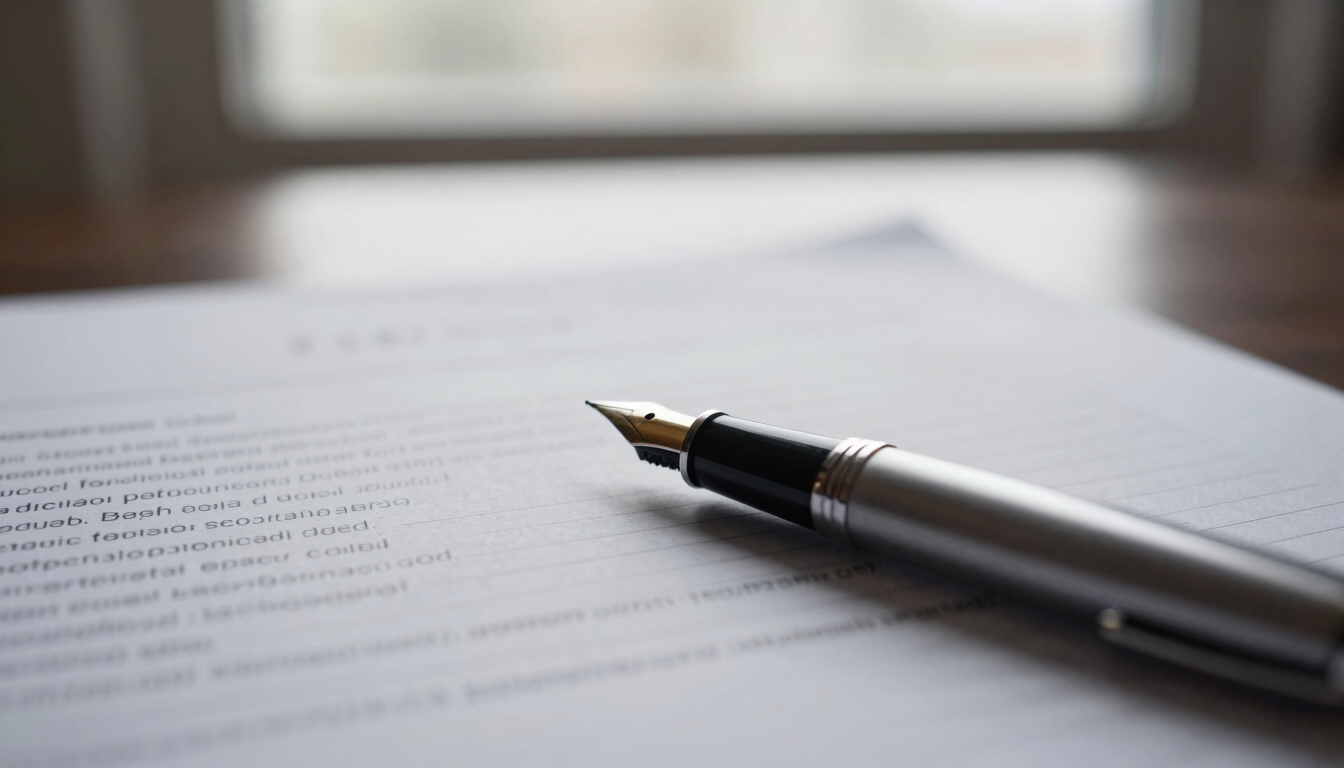 Close-up of fountain pen resting on textured legal documents, soft natural window light, shallow depth of field