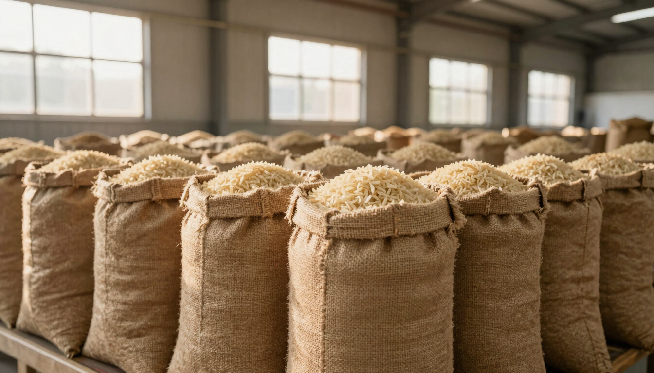 Neatly stacked export-ready burlap sacks of Basmati rice inside a clean, modern, high-contrast industrial warehouse, warm natural light filtering through high windows, 35mm