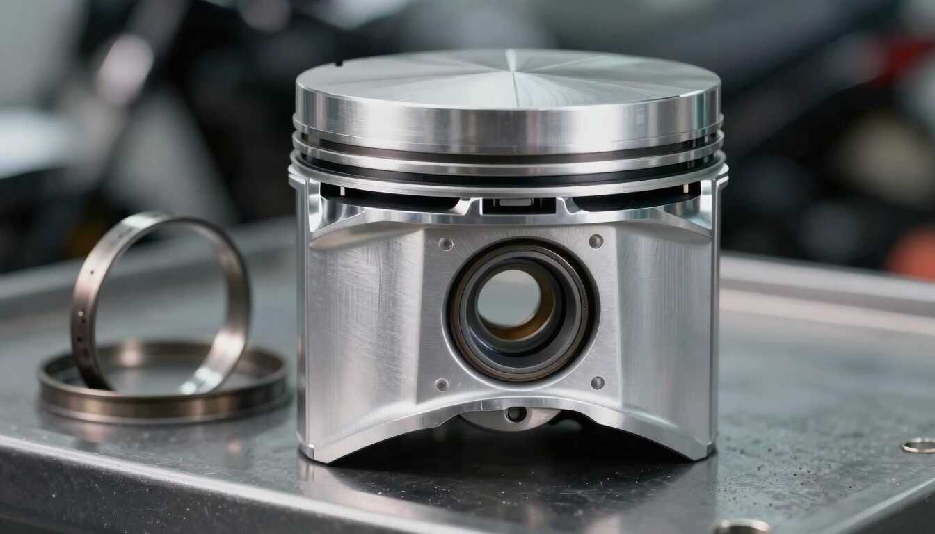 Macro shot of a pristine Honda motorcycle engine piston and rings on a dark steel surface, cool white technical lighting, shallow depth of field