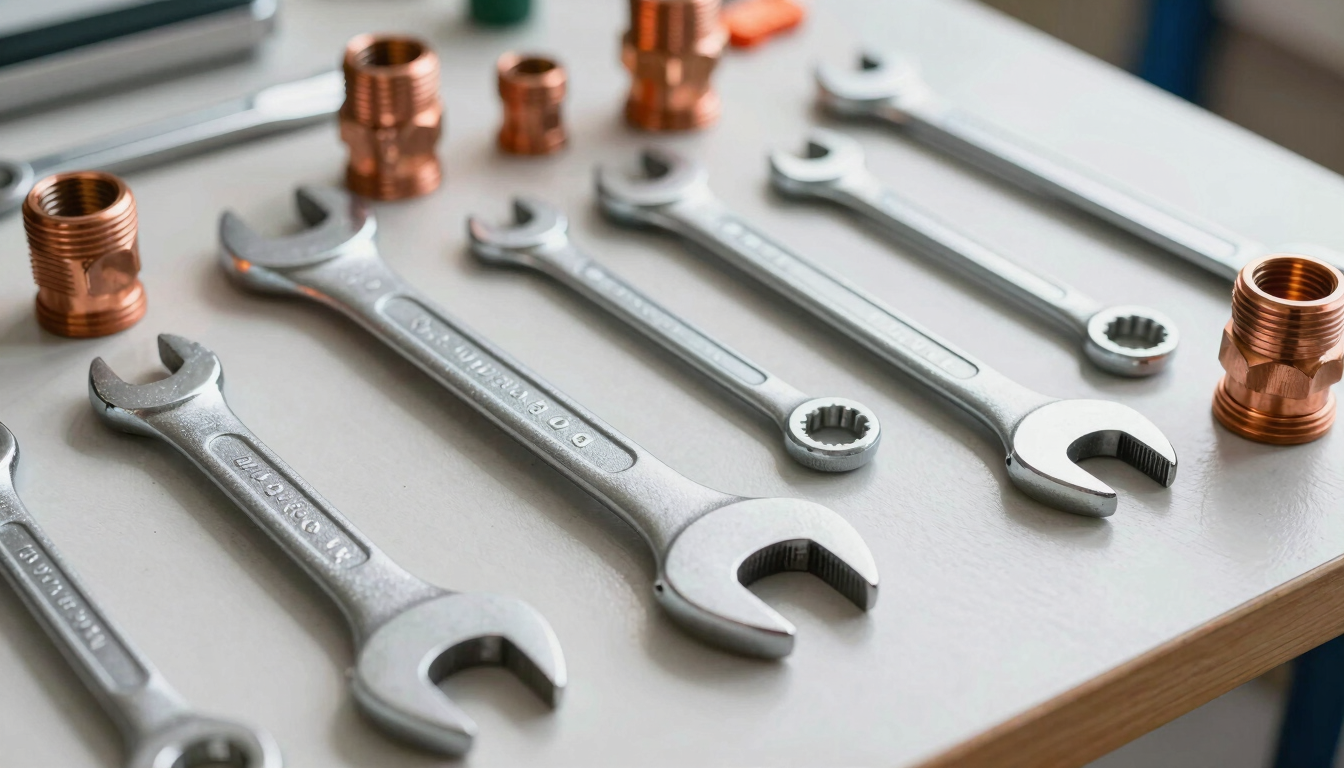Crisp editorial close-up of professional plumbing tools laid out neatly on a clean workbench, bright natural daylight, sharp focus on metallic wrenches and copper fittings