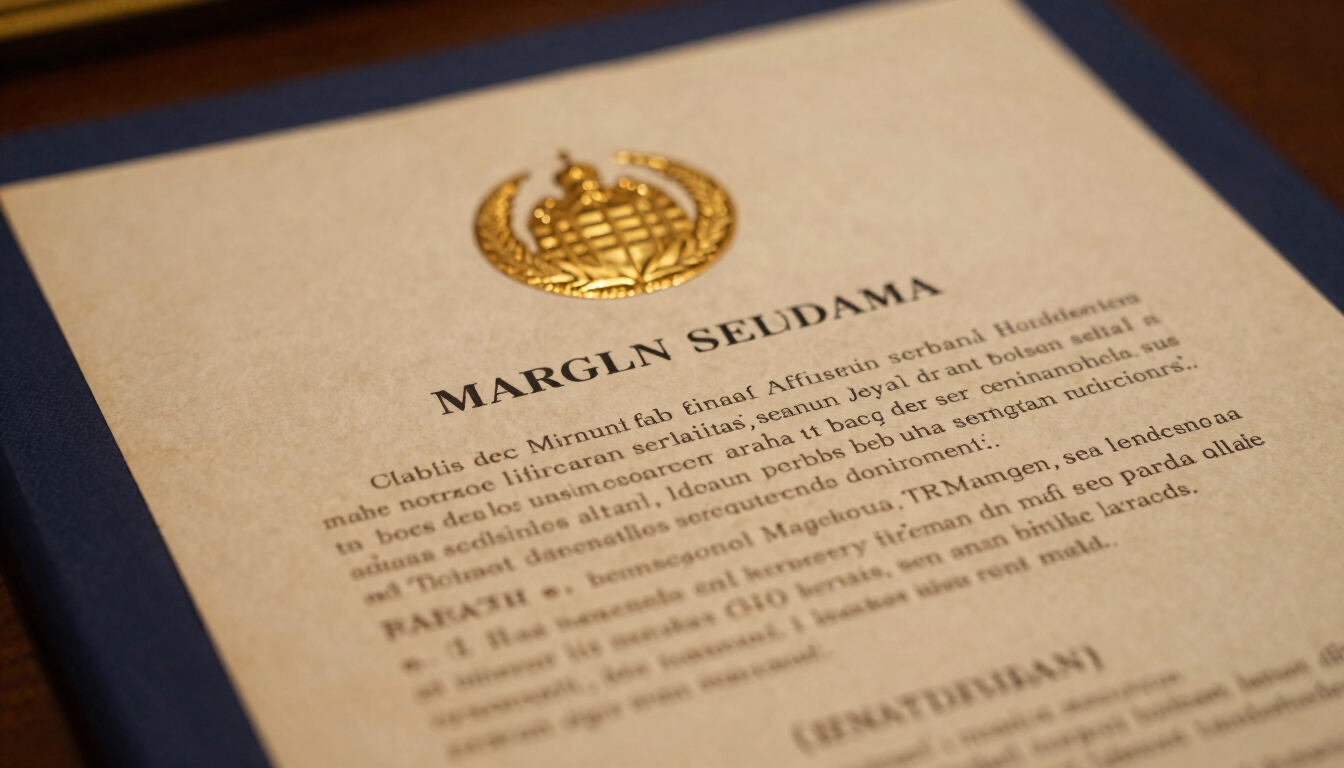 Dignified editorial close-up of a classic Indonesian legal charter, warm lighting on aged paper, gold seal, deep navy shadows.
