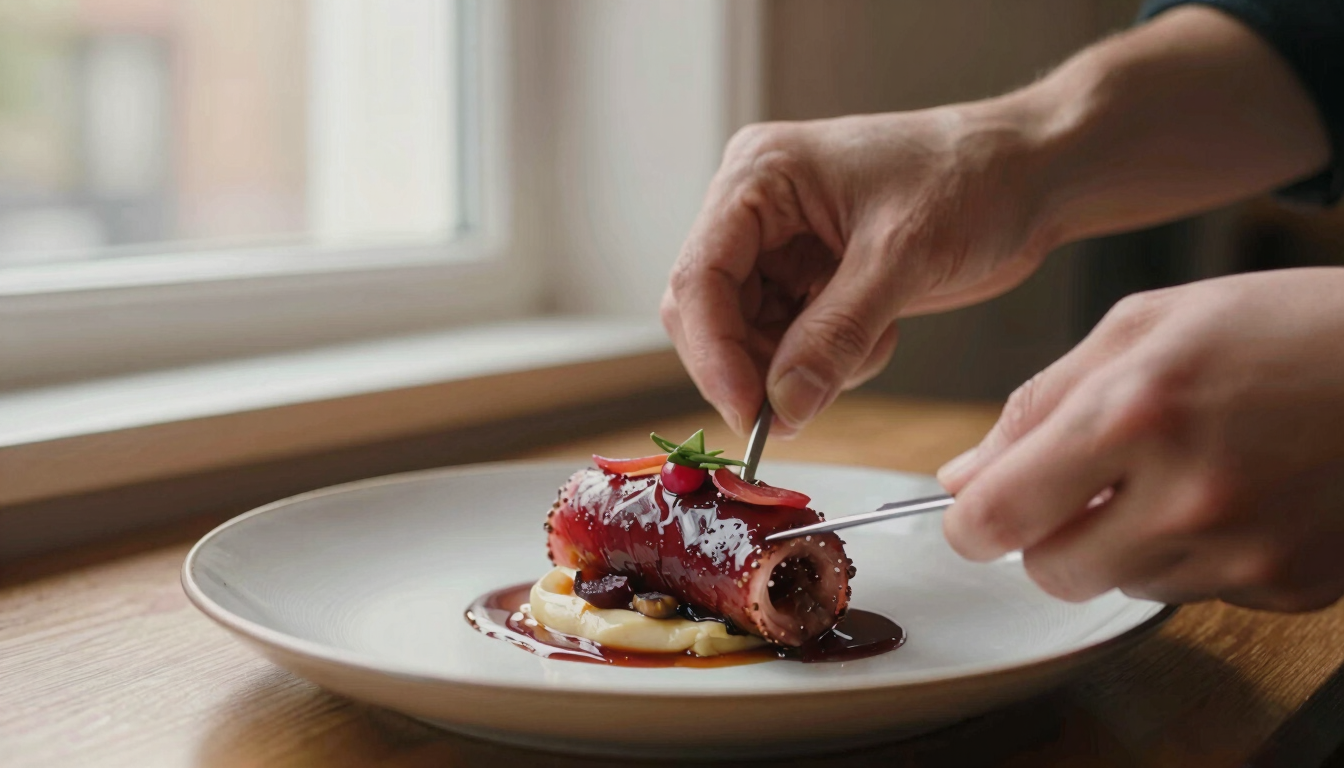 Close-up of hands preparing a gourmet dish in a cozy Scandinavian restaurant, warm window light, soft textures, 35mm photography