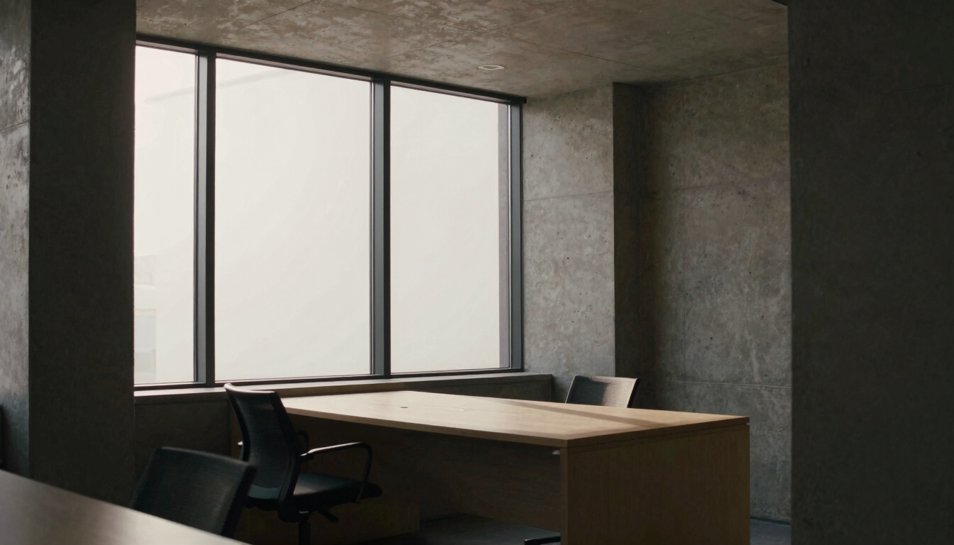 Quiet modern architectural office environment with concrete columns, low-key side lighting casting long shadows across a minimalist desk, editorial film photography.